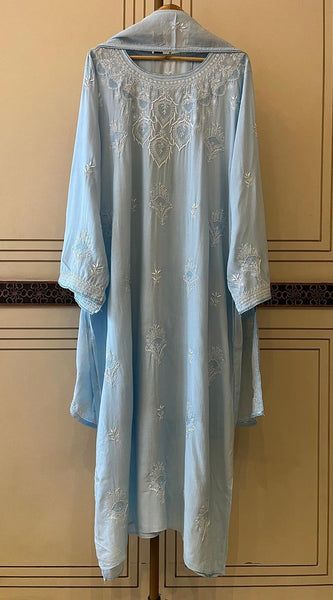 Pure Mulmul Semi-Stitched Kurta Dupatta Set with Jaali Motifs
