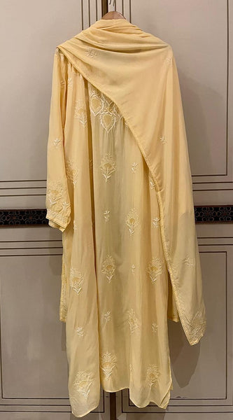 Pure Mulmul Semi-Stitched Kurta Dupatta Set with Jaali Motifs
