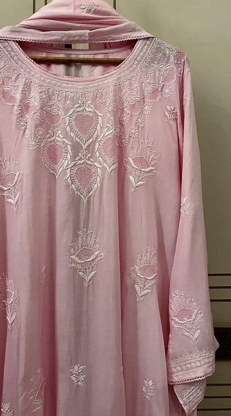 Pure Mulmul Semi-Stitched Kurta Dupatta Set with Jaali Motifs