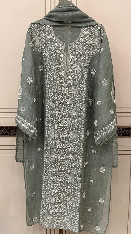 Silk Linen Kurta Set with Pearl & Katdana Work for Celebrations