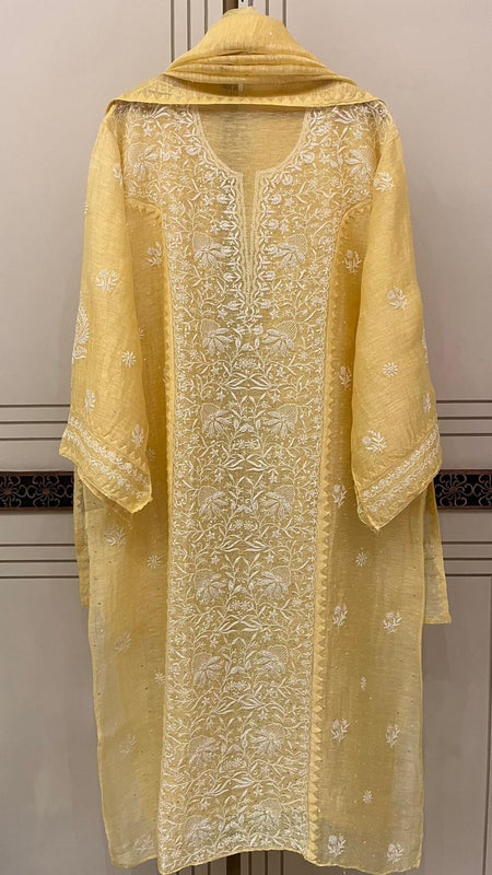 Silk Linen Kurta Set with Pearl & Katdana Work for Celebrations
