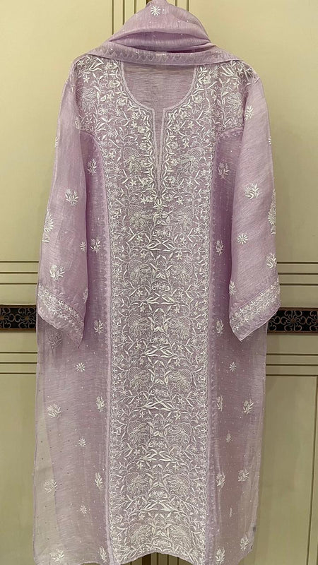 Silk Linen Kurta Set with Pearl & Katdana Work for Celebrations
