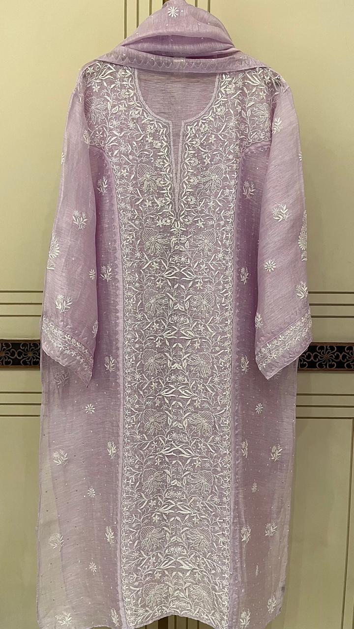 Silk Linen Kurta Set with Pearl & Katdana Work for Celebrations