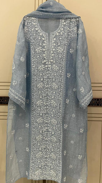 Silk Linen Kurta Set with Pearl & Katdana Work for Celebrations