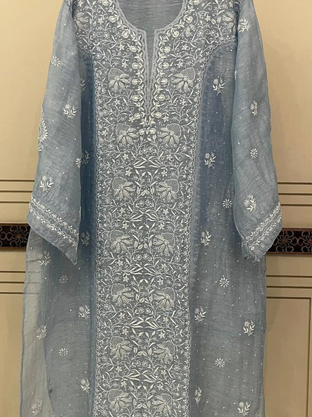 Silk Linen Kurta Set with Pearl & Katdana Work for Celebrations