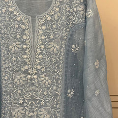 Silk Linen Kurta Set with Pearl & Katdana Work for Celebrations