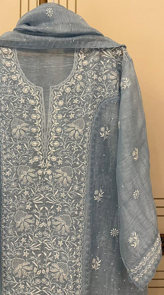 Silk Linen Kurta Set with Pearl & Katdana Work for Celebrations