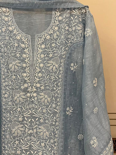 Silk Linen Kurta Set with Pearl & Katdana Work for Celebrations