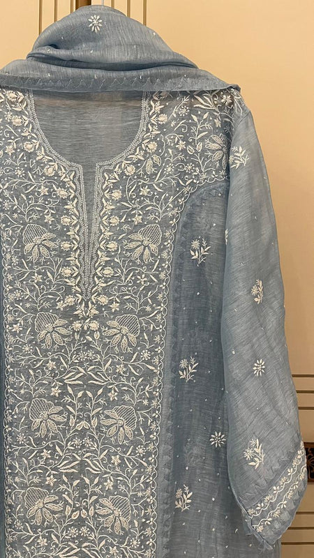 Silk Linen Kurta Set with Pearl & Katdana Work for Celebrations