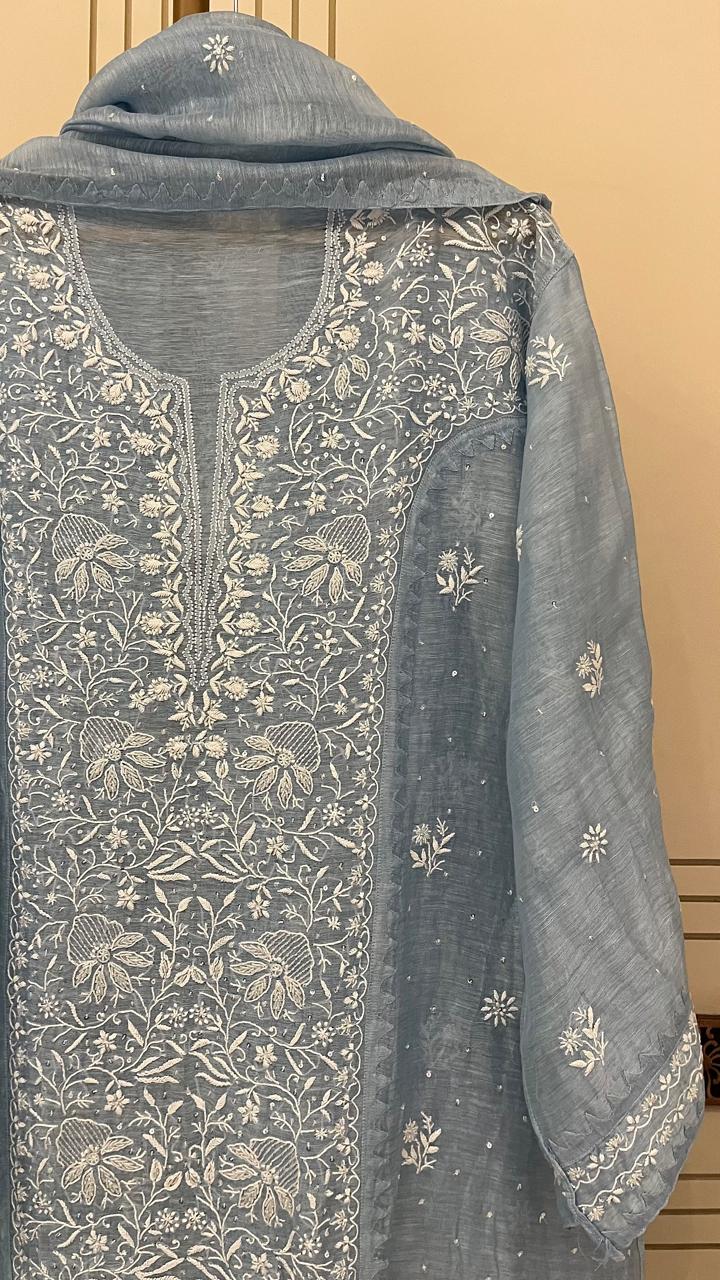 Silk Linen Kurta Set with Pearl & Katdana Work for Celebrations