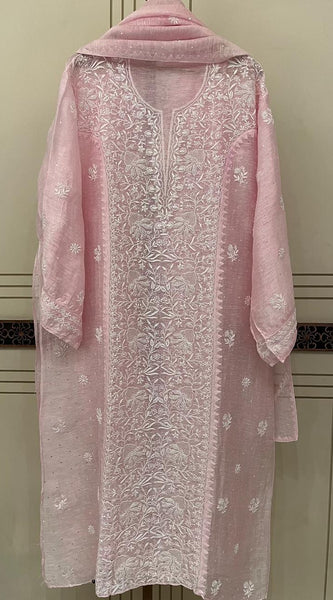 Silk Linen Kurta Set with Pearl & Katdana Work for Celebrations