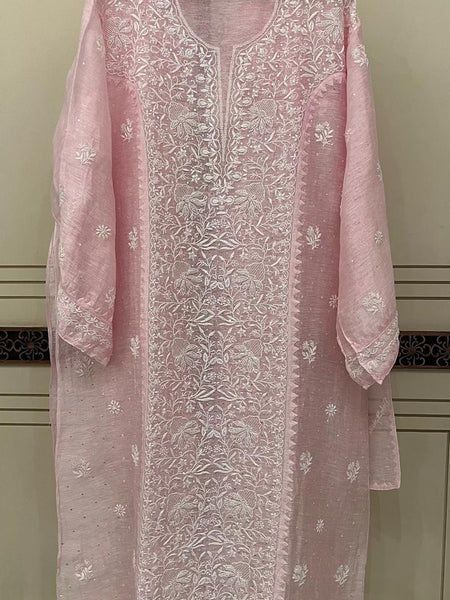 Silk Linen Kurta Set with Pearl & Katdana Work for Celebrations