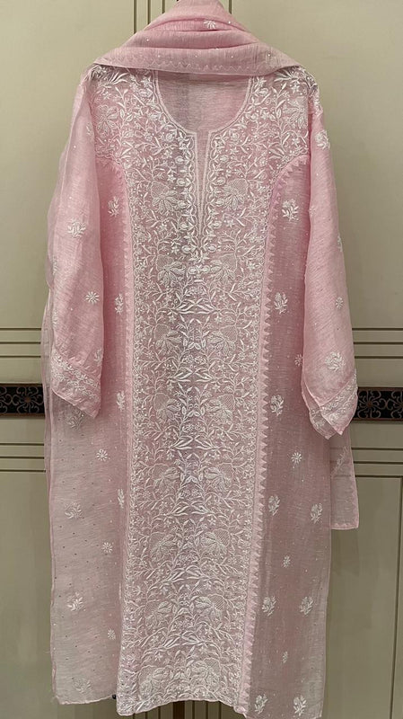 Silk Linen Kurta Set with Pearl & Katdana Work for Celebrations
