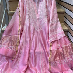 Pure Chanderi Silk Semi-Stitched Anarkali Kurta Dupatta Set
