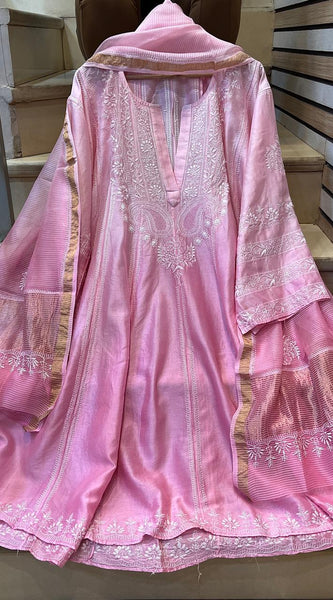 Pure Chanderi Silk Semi-Stitched Anarkali Kurta Dupatta Set