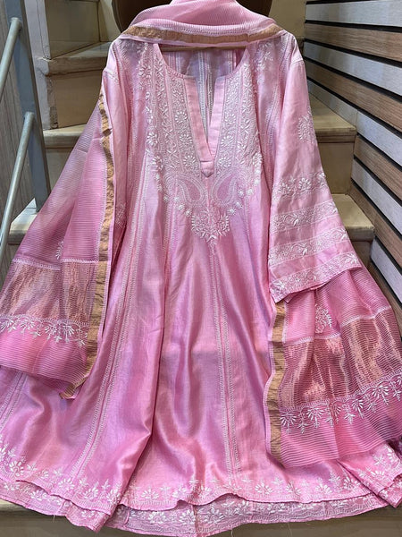 Pure Chanderi Silk Semi-Stitched Anarkali Kurta Dupatta Set