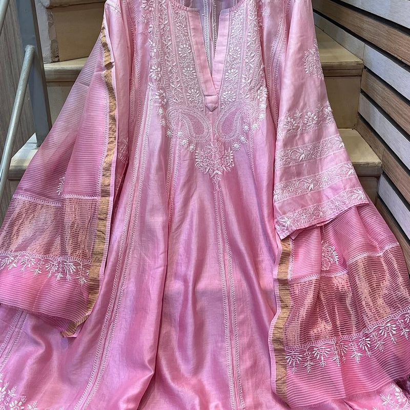 Pure Chanderi Silk Semi-Stitched Anarkali Kurta Dupatta Set