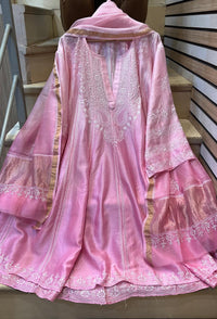 Pure Chanderi Silk Semi-Stitched Anarkali Kurta Dupatta Set
