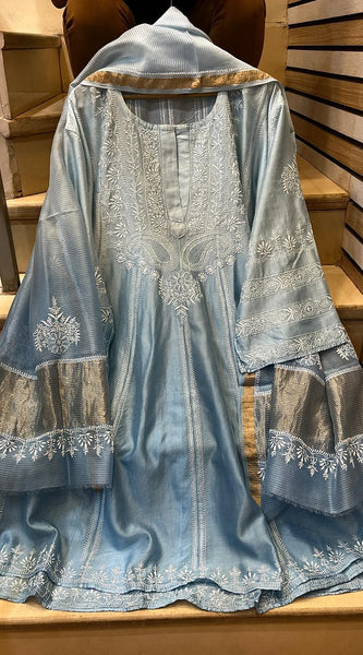 Pure Chanderi Silk Semi-Stitched Anarkali Kurta Dupatta Set