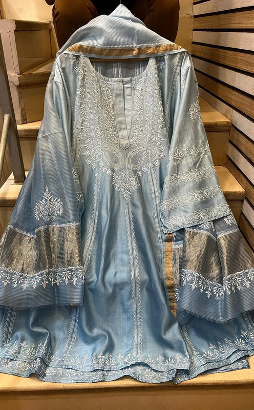 Pure Chanderi Silk Semi-Stitched Anarkali Kurta Dupatta Set