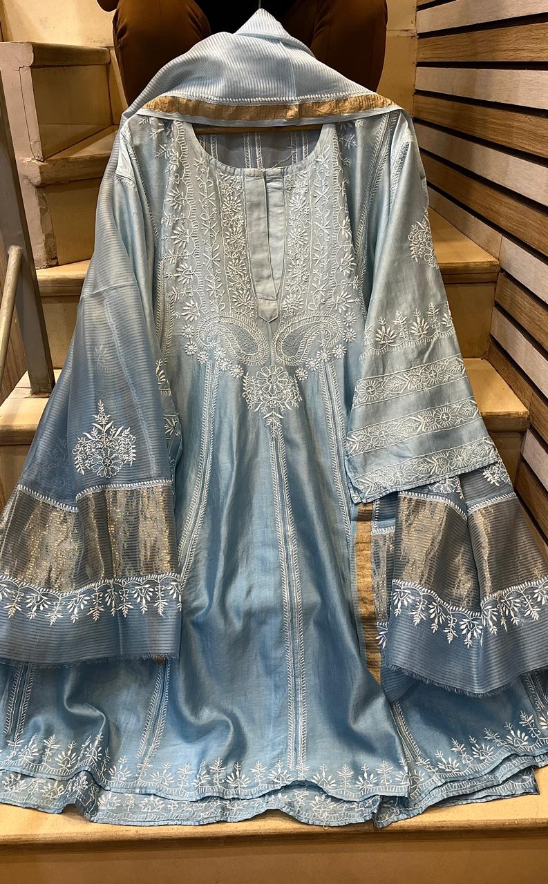 Pure Chanderi Silk Semi-Stitched Anarkali Kurta Dupatta Set