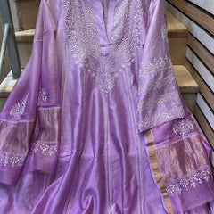 Pure Chanderi Silk Semi-Stitched Anarkali Kurta Dupatta Set