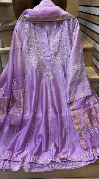 Pure Chanderi Silk Semi-Stitched Anarkali Kurta Dupatta Set