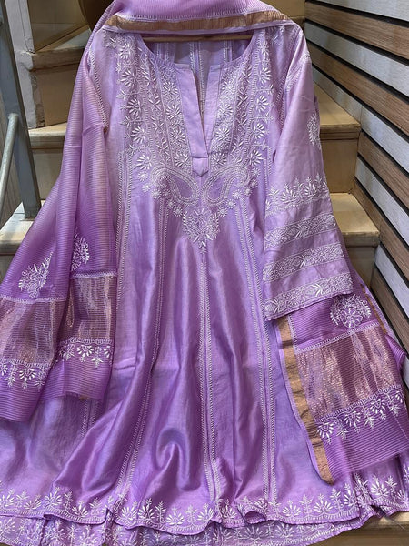 Pure Chanderi Silk Semi-Stitched Anarkali Kurta Dupatta Set