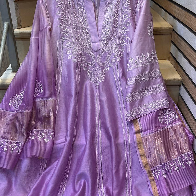 Pure Chanderi Silk Semi-Stitched Anarkali Kurta Dupatta Set