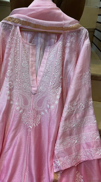 Pure Chanderi Silk Semi-Stitched Anarkali Kurta Dupatta Set