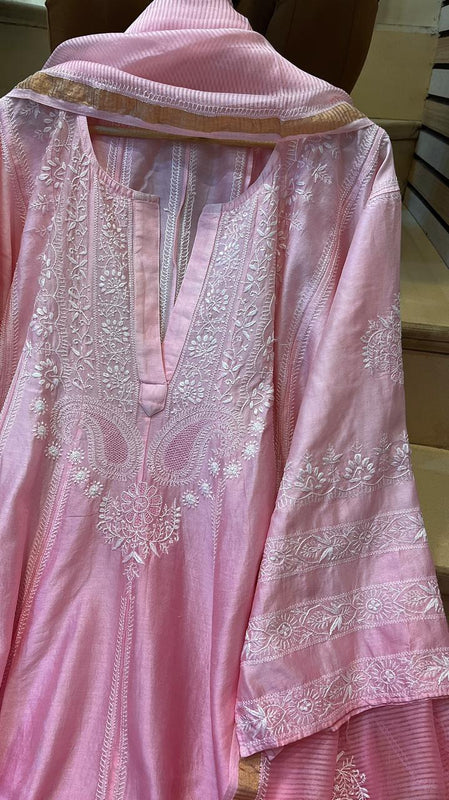 Pure Chanderi Silk Semi-Stitched Anarkali Kurta Dupatta Set