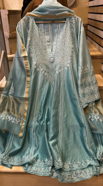 Pure Chanderi Silk Semi-Stitched Anarkali Kurta Dupatta Set