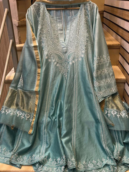 Pure Chanderi Silk Semi-Stitched Anarkali Kurta Dupatta Set