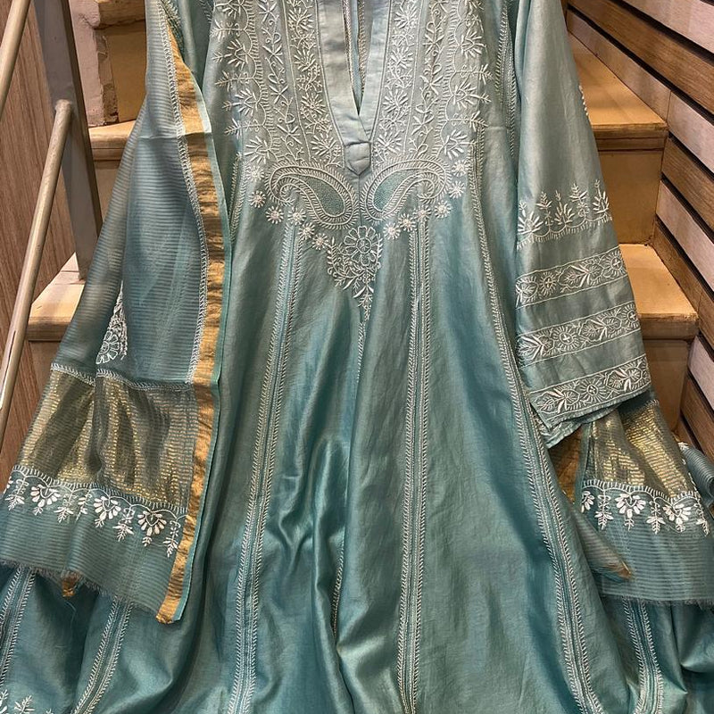 Pure Chanderi Silk Semi-Stitched Anarkali Kurta Dupatta Set