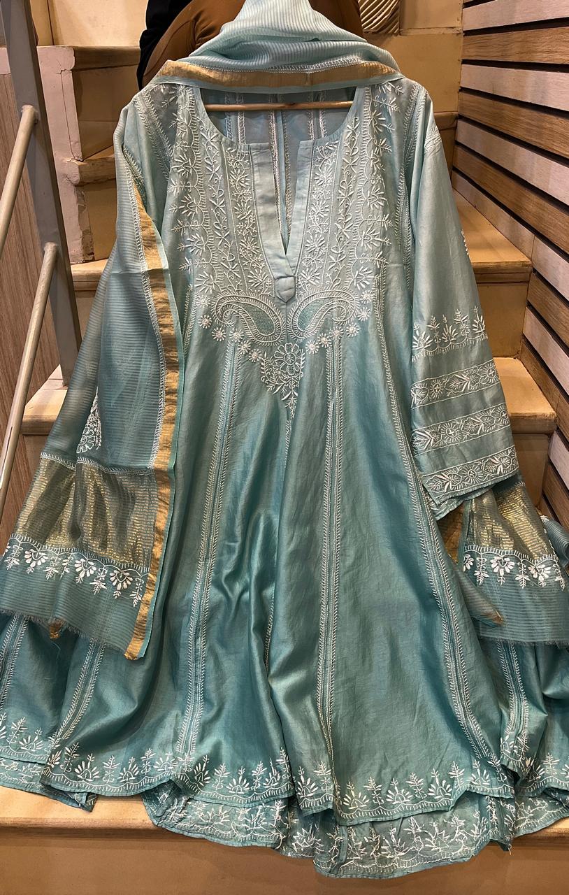 Pure Chanderi Silk Semi-Stitched Anarkali Kurta Dupatta Set