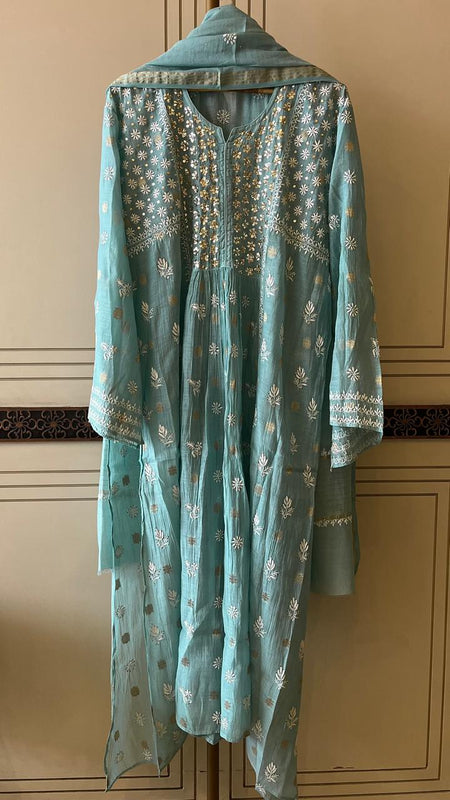 Mul Chanderi A-line Kurta Set with Pearl & Mukaish Embroidery