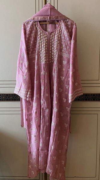 Mul Chanderi A-line Kurta Set with Pearl & Mukaish Embroidery