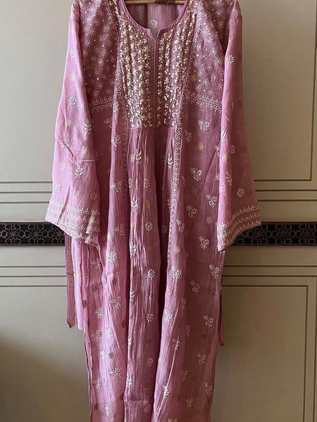 Mul Chanderi A-line Kurta Set with Pearl & Mukaish Embroidery