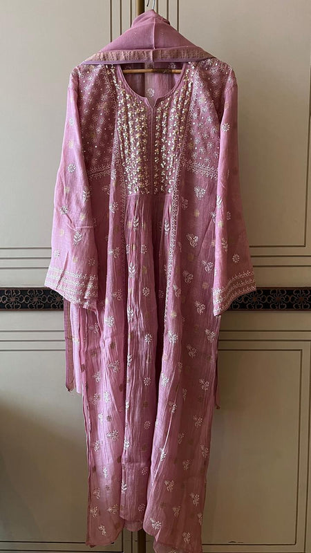 Mul Chanderi A-line Kurta Set with Pearl & Mukaish Embroidery
