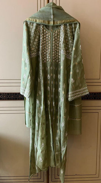 Mul Chanderi A-line Kurta Set with Pearl & Mukaish Embroidery