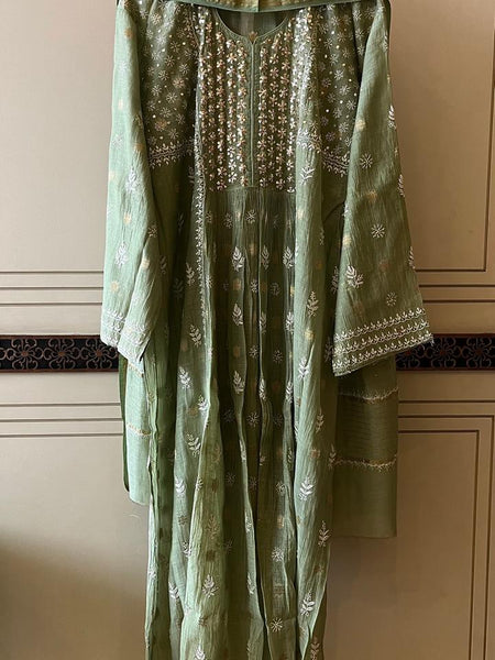 Mul Chanderi A-line Kurta Set with Pearl & Mukaish Embroidery