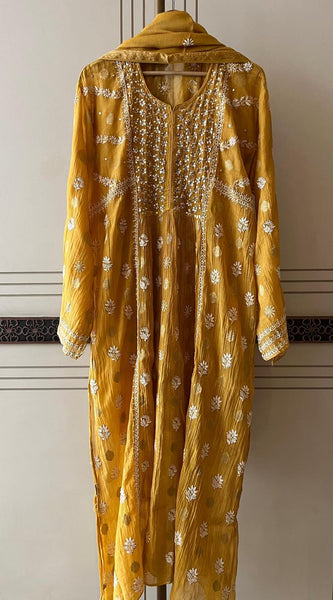 Mul Chanderi A-line Kurta Set with Pearl & Mukaish Embroidery