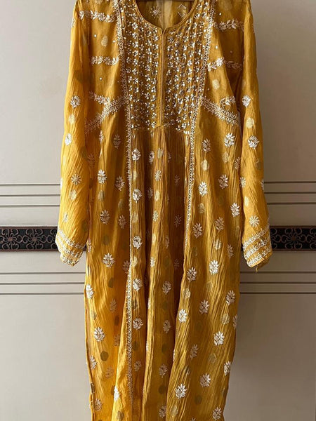 Mul Chanderi A-line Kurta Set with Pearl & Mukaish Embroidery