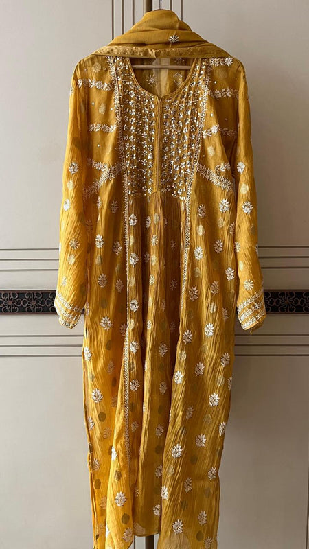 Mul Chanderi A-line Kurta Set with Pearl & Mukaish Embroidery