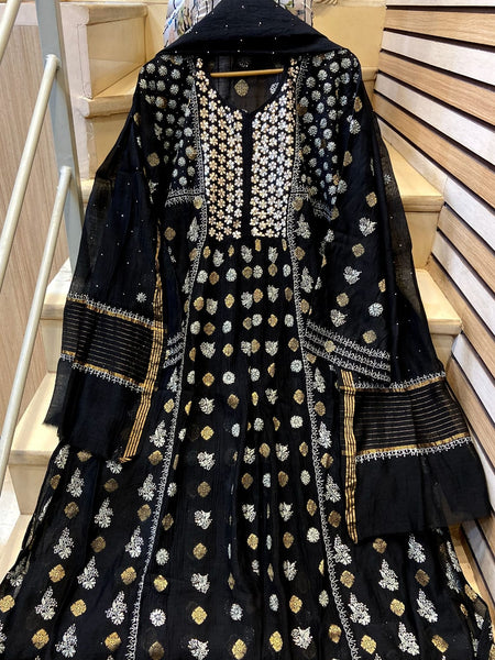 Mul Chanderi A-line Kurta Set with Pearl & Mukaish Embroidery