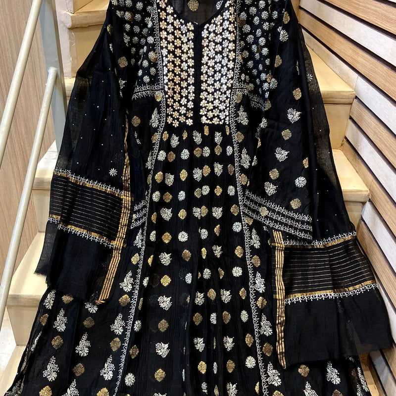 Mul Chanderi A-line Kurta Set with Pearl & Mukaish Embroidery