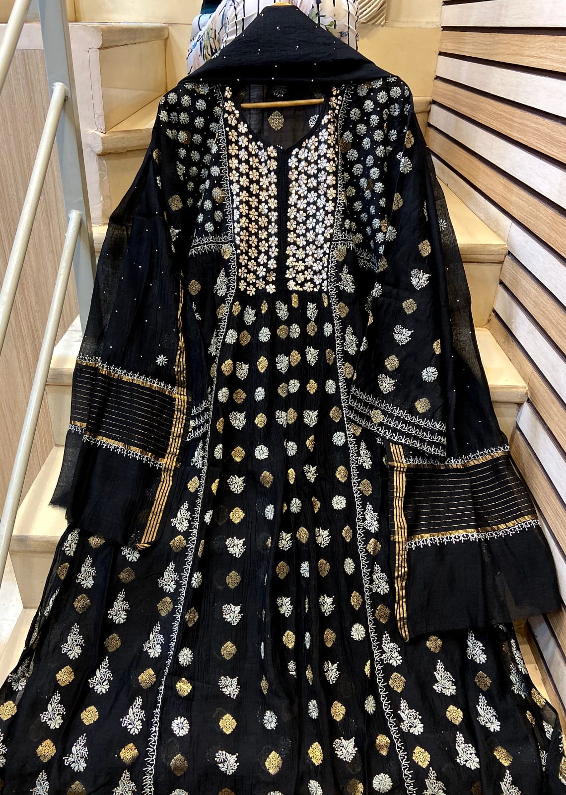 Mul Chanderi A-line Kurta Set with Pearl & Mukaish Embroidery