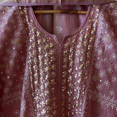 Mul Chanderi A-line Kurta Set with Pearl & Mukaish Embroidery