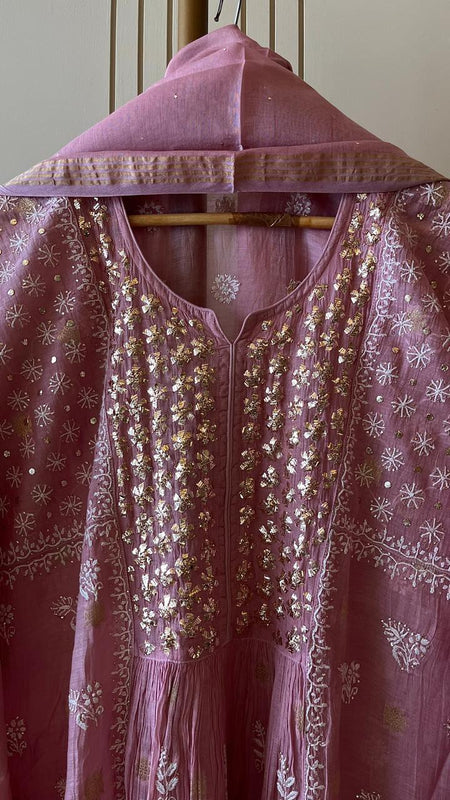 Mul Chanderi A-line Kurta Set with Pearl & Mukaish Embroidery