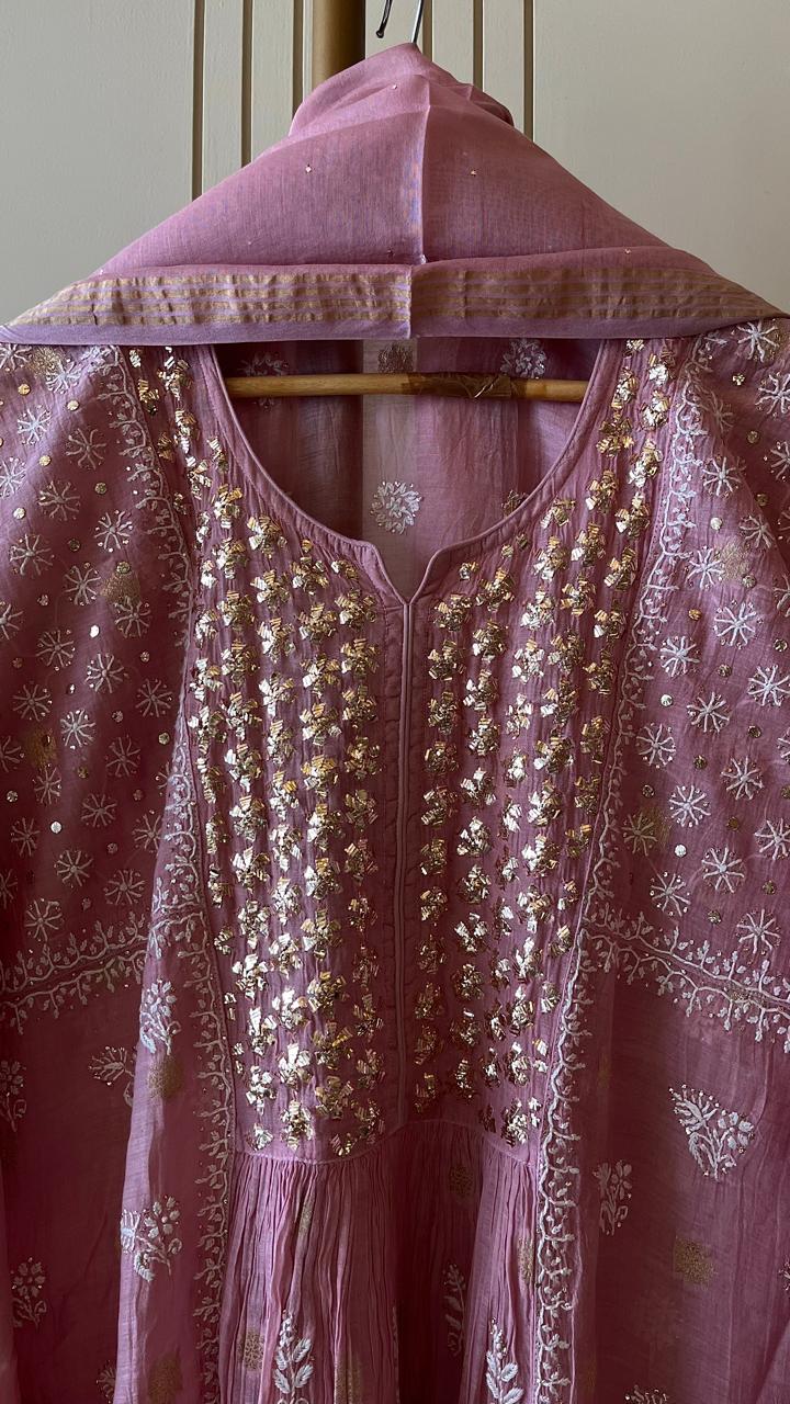 Mul Chanderi A-line Kurta Set with Pearl & Mukaish Embroidery